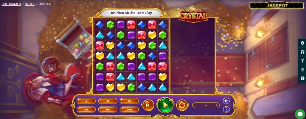 ColdBet Casino Crystal Slot im Demo Modus mit bunten Edelsteinen und Spieloberfläche
