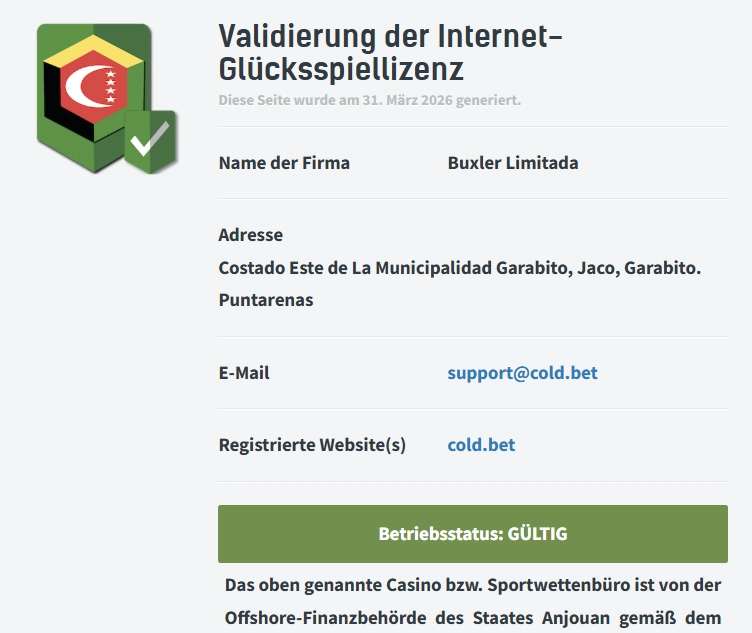 ColdBet Casino Lizenz Validierung mit Unternehmensdaten und Status gültig