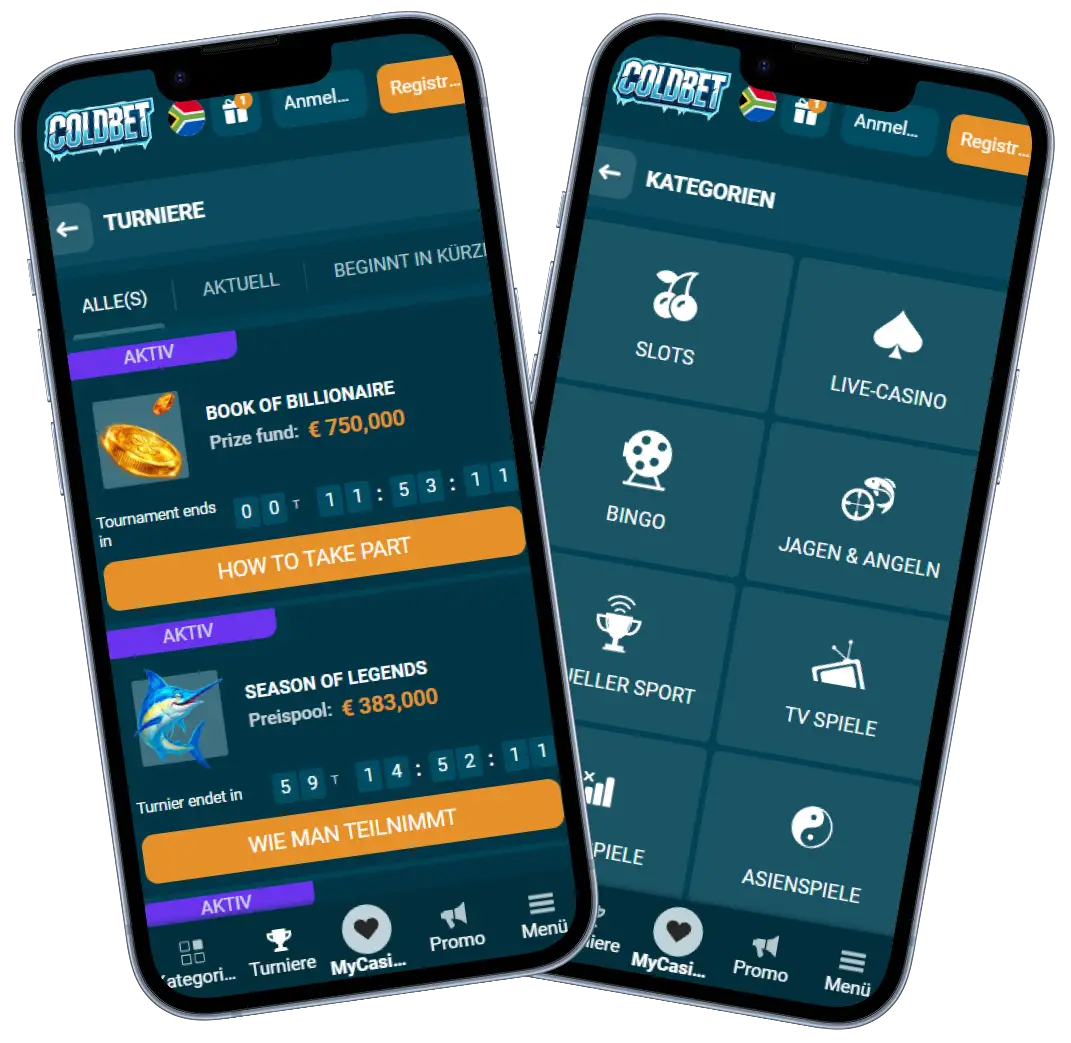 ColdBet Casino mobile Ansicht mit Turnieren Kategorien und Spielen auf Smartphone